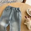 Jeans de Mezclilla con Adorno de Encaje FHW Estilo Nuevo Primavera y Otoño Pantalones de Pierna Recta Sueltos Estilo Coreano para Niños Pantalones de Pierna Ancha Elegantes para Niños Pequeños