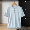 Camiseta tejida de manga corta para hombre, mezcla de lana y lino, cuello tipo Henry, estilo retro casual de verano, estilo casual de negocios, transfronteriza