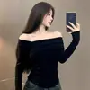 Camiseta Asimétrica de Hombros Descubiertos con Diseño Irregular y Mangas Largas para Mujer, Estilo Francés Chic Coreano de Otoño, Nicho