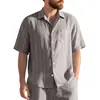 Estación Independiente Transfronteriza Nueva Camisa de Lino Jacquard de Verano Rayada para Hombre Solapa Holgada Transpirable Casual Mangas Cortas para Hombre