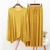Conjunto de dos piezas de algodón modal para mujer para casa, manga larga, pantalones de yoga de pierna ancha, talla grande, fino, holgado, casual, para primavera y otoño