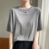 Camiseta de punto holgada de cuello redondo, color liso, a la moda, informal, de verano 2025, con cuello redondo, pequeña