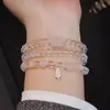 Cristal Rosa Natural de 6mm con Pulsera de Triple Círculo de Cristal Blanco Optimizado Diseño Nicho para Mujer Pequeño Fresco y Hebilla Segura