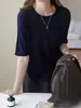 Camiseta básica de tricô de lã fina solúvel em água, manga curta, gola redonda, cor sólida, solta, fina, para mulheres