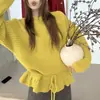 Elegante Suéter de Punto con Mangas Murciélago Volantes para Mujer, Estilo Coreano, Nuevo Diseño de Invierno, Ceñido a la Cintura, Efecto Adelgazante, Suéter de Cuello Redondo