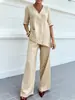 Conjunto de Top de Manga Media con Cuello en V de Color Sólido de Algodón y Lino y Pantalones Casuales Rectos Sueltos para Mujer, Nuevo, Transfronterizo Europeo y Americano, 2026