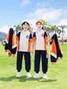 Uniformes de Jardín de Infancia, Uniformes Deportivos de Escuela Primaria, Conjunto Brillante de Cuatro Piezas con Bloques de Color Naranja, Conjunto de Chaqueta de Manga Corta para Foto de Graduación