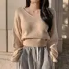Suéter de tricô curto elegante com decote V, amarração lateral na cintura, emagrecedor, estilo coreano, novo para outono e inverno, para mulheres