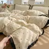 Conjunto de Roupa de Cama de Quatro Peças Estilo Renda Francesa 100% Algodão Classe A Estilo Coreano Capa de Edredom de Algodão Puro Lençol de Cima Lençol com Elástico Dormitório Três Peças