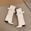 Botas Altas de Cuero Plegado Otoño Sueltas Adelgazantes Acumuladas Mujer Hebilla Botas de Caballero Planas de Caña Alta Estilo Occidental Pierna Ancha