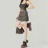 Shorts overol de mezclilla estilo moda casual de cintura alta para abdomen tipo pera con diseño lavado y desgastado shorts gris verdoso súper ajustados para mujer