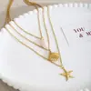 Colar de Aço Inoxidável Estrela do Mar Concha Búzio Europeu e Americano Novo Cruzamento de Fronteira Ajustável de Três Camadas Joias Femininas Atacado