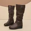 Botas de cano médio para mulheres, tamanho plus size, nova coleção primavera/outono, marrom, salto grosso, estilo retrô, cano alto, estilo americano, botas western, botas de equitação, para adultos