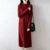 Vestido de punto de lana 100% de cuello alto, longitud media hasta la rodilla para mujer, jersey de manga larga, color liso, vestido recto de una sola pieza
