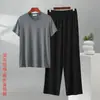 Conjunto Casual de Ropa para Estar en Casa para Hombre Verano Modal Holgado Tallas Grandes Cuello Redondo Manga Corta Algodón Seda Pantalones de Pierna Ancha Conjunto de Dos Piezas