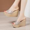 Sandalias de pedrería estilo verano 2025 para mujer, Tacones de plataforma de suela gruesa, Tallas grandes de tacones altos, Tacones de cuña, Pantuflas de plataforma impermeables para mujer