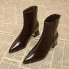 Botas Femininas de Cano Curto Moda Outono/Inverno 2026 Novo Estilo Marrom Bico Fino Salto Bloco Antiderrapante Slim Elegantes