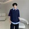 Directamente del fabricante: Camisa de Verano Unisex de Manga Corta Falsa de Dos Piezas, Marca de Moda con Camiseta Patchwork, Estilo Universitario Americano de Peso Pesado