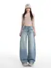 Jeans estilo americano com barra curva para mulheres, novo outono/inverno 2026, cintura alta, solto, modelador, perna reta, calça casual de perna larga