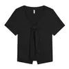 Camiseta de Gola V com Amarração no Ombro Estilo Coreano, Novo Estilo de Verão para Mulheres Plus Size, Blusa de Manga Curta Slim-Fit 66157