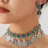 1 Conjunto de Moda Retrô Estilo do Oriente Médio Pingente de Moeda com Strass Personalidade Temperamento Colar Brincos Femininos Conjunto de Joias Femininas