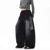 Calça Reta com Bainha Curva Pintada com Letras Estilo Retro Americano para Mulheres e Homens, Outono Lavado Degradê Vintage Solta Emagrecedora Calça Esportiva