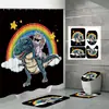 Cortina de Ducha Divertida de Dinosaurio y Unicornio Juego de Cuatro Piezas Alpaca Espacial Impresión Digital Cortina de Ducha Impermeable para Baño y Alfombrilla de Piso