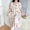 Novo Pijama Feminino 2026, Vestido Curto de Algodão e Seda, Gola Redonda Elegante, Estampa Floral, Vestido Longo Sexy, Pode Ser Usado Fora