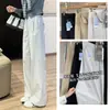 Calça Original de Fibra de Hidrogênio Novo Tecido Anti-Rugas Proteção Solar de Perna Larga para Mulheres, Cintura Alta Emagrecedora com Cós Elástico nas Costas, Calça Casual Não Comprida