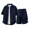 Nuevo conjunto de verano para hombre con camisa y shorts de tacto frío, mezcla de algodón y lino, estilo 'old money', cuello de solapa, traje casual versátil retro chino