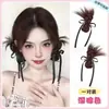 Grampo de pena de galinha com cabelo sintético integrado, coque duplo com fita para menina animada, peruca de coque fofo natural