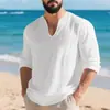 Camisa Casual de Lino para Hombre, Transfronteriza Europea y Americana, Holgada, Cuello en V, Manga Larga, Color Sólido, Holgada, Algodón-Lino, Transpirable, Camisa Base