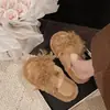 Novas pantufas de pelúcia para outono e inverno, pantufas peludas para mulheres, confortável para usar em casa, com tiras cruzadas de pena, bico aberto, sola macia
