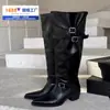 Botas Sapatos Femininos Outono Nova Chegada Bico Fino Salto Bloco Botas de Cano Alto Botas de Cano Alto Femininas Botas de Equitação Retrô Emagrecimento Botas Franzidas