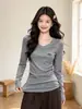 Camiseta Básica Manga Longa Gola V Ombro Normal para Mulheres Estação Primavera e Outono Novo Estilo Ajustada Versátil Camisa Camada Base Direto da Fábrica