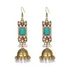 Brincos de sino e pérola de estilo étnico dourados vintage transfronteiriços para mulheres, estilo boêmio, design quadrado, cravejados de diamantes, brincos da moda