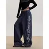 Pantalones de chándal anchos retro con estampado de letras estilo americano para mujer, pantalones atléticos casuales holgados con cordón, nueva tendencia de moda urbana
