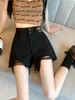 Shorts Jeans Rasgado com Fivela Dupla Preto Feminino Verão 2024 Novo Cintura Alta Emagrecedor Tamanho Grande Linha A Hot Pants