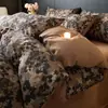 Juego de ropa de cama de cuatro piezas de algodón cepillado engrosado estilo vintage, juego de cuatro piezas de algodón puro estilo francés, sábana bajera con un tacto de alta gama