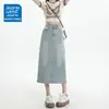 Saia Jeans de Cintura Alta Cor Clara com Fenda Feminina Outono Tendência Versátil Nova Solta Versátil Pequena Linha A Comprimento