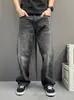 Jeans Casuales de Calle Gris Negro para Hombre Caída Recta Sueltos Pierna Ancha Versátil para Viajar Casual Pantalones Largos Estilo Versátil
