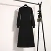 Roupas Femininas Plus Size 2026 Inverno Novo Vestido de Tricô com Manga Lanterna Emagrecedor Retrô Comprimento Midi Saia Plissada