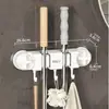 Soporte de mopa para pared, gancho sin taladro, apto para balcones, baños y aseos; diseño de clip para asegurar escobas y otras herramientas de limpieza; estante de almacenamiento y para colgar
