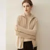 Cardigã de malha com zíper e gola alta 100% cashmere puro para mulheres, novo estilo outono e inverno, suéter de cashmere solto e quente