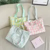 65159 Bolsa de Lona Xadrez Rosa e Branca com Alça Azul Clara, Estilo Casual para Passeio de Estudante, Bolsa de Ombro Artística
