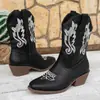 Botas de Caballero de Tacón Medio Bordadas Estilo Británico para Mujer Otoño 2026, Comercio Exterior Botas de Media Pantorrilla Retro de Tacón Grueso con Corte en V Tallas Grandes, Wish