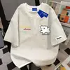 Camiseta de Manga Corta de Algodón Puro Estilo INS de Dos Piezas Falsas Verano 2026 Mujer Diseño de Letras de Dibujos Animados Top Empalmado de Pareja Hombre