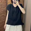 Nova Estilo Verão 2026 Algodão e Linho Tamanho Grande Solta Camiseta para Mulheres, Cor Sólida Emagrecedora Gola Redonda Manga Curta Pulôver