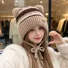 Mejor gorro de punto cálido de invierno para exteriores para mujer, con forro de polar y orejeras, con diseño de orejas de gato