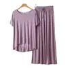 Conjunto de Pijama Casual Duas Peças Feminino de Modal com Gola Redonda e Manga Curta com Calça de Perna Larga Roupas de Casa Tamanho Plus Size Solto